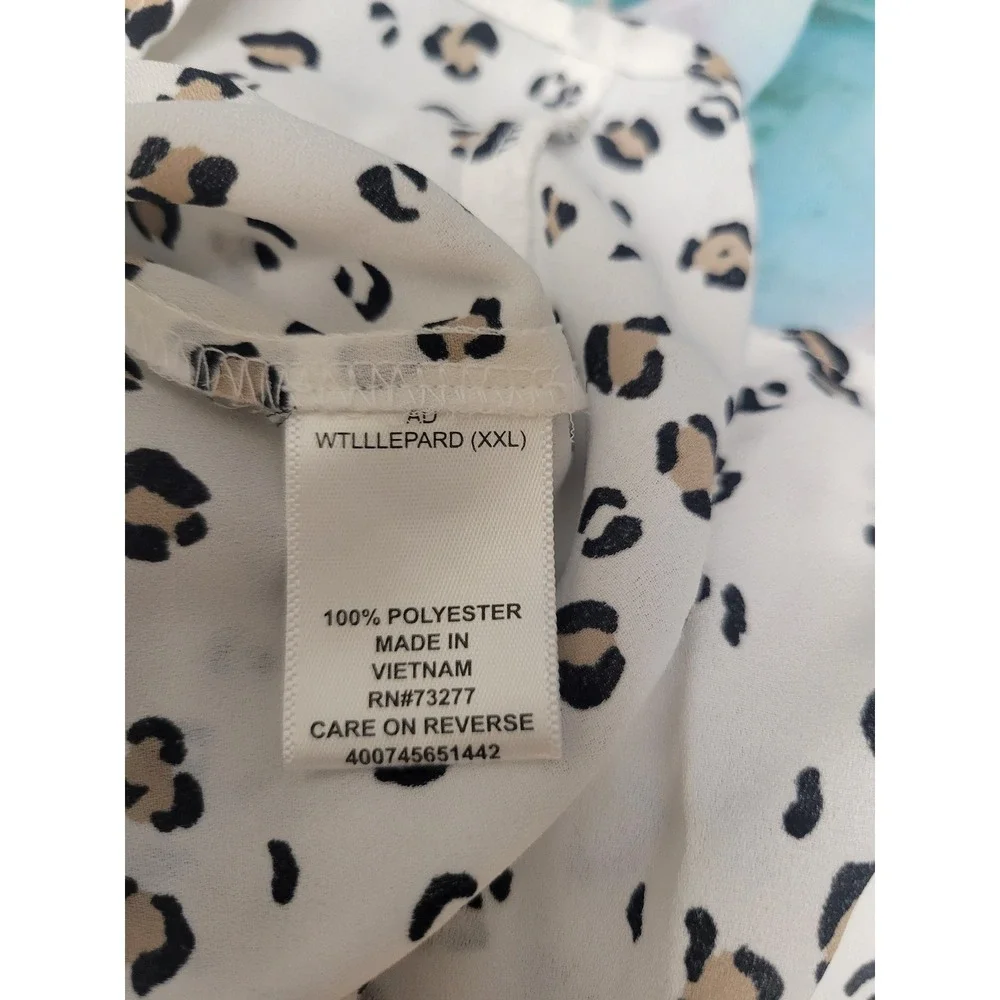 Elle Women XXL Leopard Print Bell Sleeve Blouse White Animal Spot Crew Neck Top